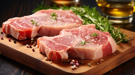 Fototapeta premium Fresh raw pork chops ready for marinating on a cutting board