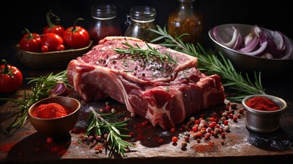 Raw pork shoulder ready for roasting with vegetables and spices