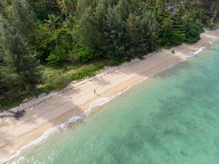 A serene beach with lush greenery and clear turquoise waters.