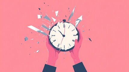 Concept of breaking time, hands holding a shattered clock on a pink background.