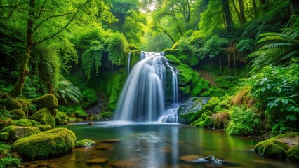 A small waterfall in a lush forest surrounded by large green trees and foliage with dripping water flowing from the top, leafy surroundings, greentrees, nature sounds
