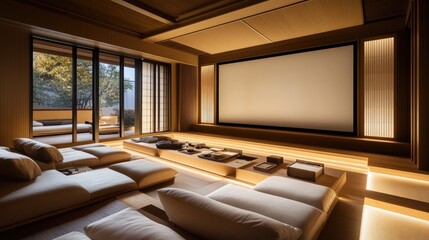 A luxurious Japanese-style home theater with plush