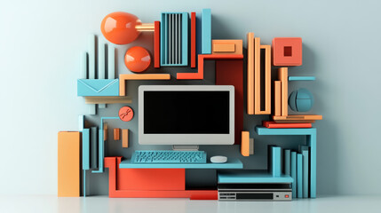 Business, technology, and internet concept featuring e-learning, online education, and webinars. This 3D illustration showcases the digital transformation of learning through online courses, symbolizi