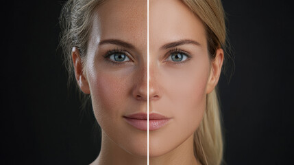 A woman's face is divided in half, revealing the stark differences between signs of aging and the rejuvenated look achieved through cosmetic procedures and surgery, facelift and facial surgery, botox,
