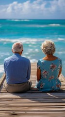 Fototapeta premium Elderly couple sitting on a foot bridge at the beach, Generative AI