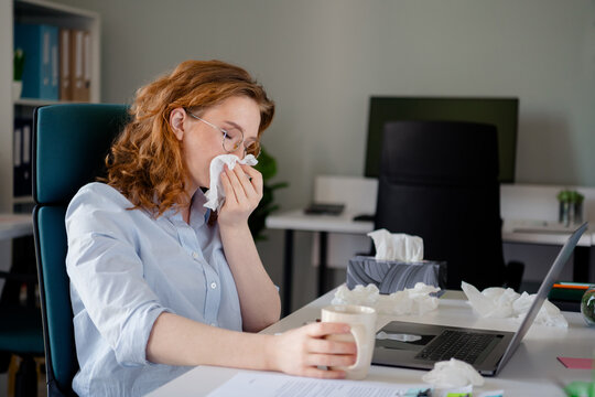 Photo of attractive young woman sick coronavirus wear formalwear modern office business consultant room interior indoors workspace