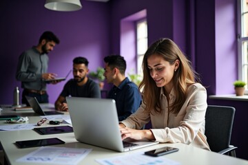 Group of colleagues discussing project while one is working on laptop. Team collaborating in office with purple walls and large windows allowing sunlight inside