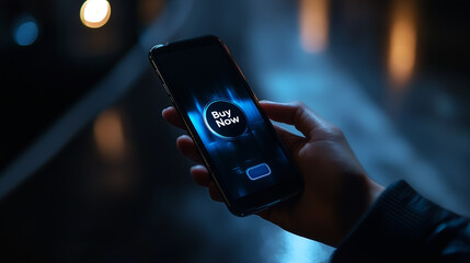 A hand holds a smartphone displaying a prominent buy button, suggesting a late-night online shopping experience in a moody urban environment.