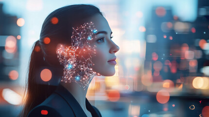 A businesswoman's hand interacting with a user interface to unlock a device using facial recognition technology.



