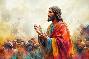 Fototapeta premium Ministry of Jesus. Jesus preaching standing in front of the synagogue. Digital watercolor painting, Generative AI