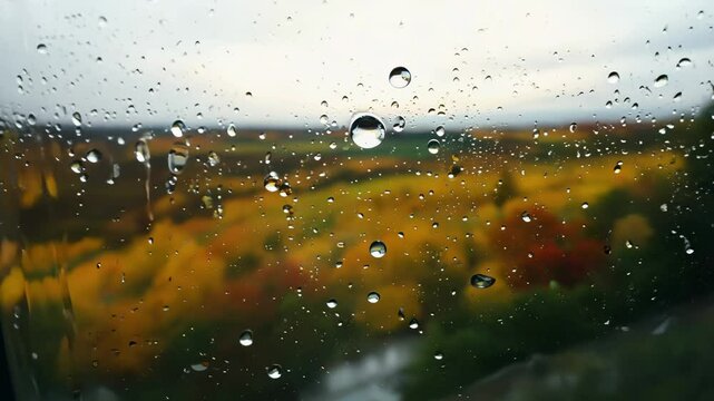 Water droplets on a window blur a vibrant autumn landscape as the camera zooms in.