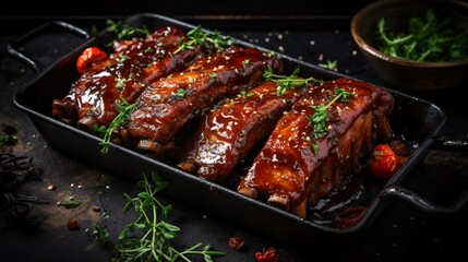 Raw pork ribs with a barbecue glaze ready for grilling on a metal tray
