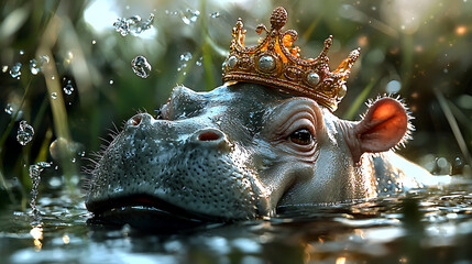 snarky baby hippo wearing crown emerges from water, showcasing sarcastic expression amidst splashes and bubbles. This playful scene captures charm of wildlife