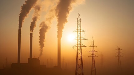 Obraz premium Industrial Power Plant Emitting Smoke at Sunset with Transmission Towers