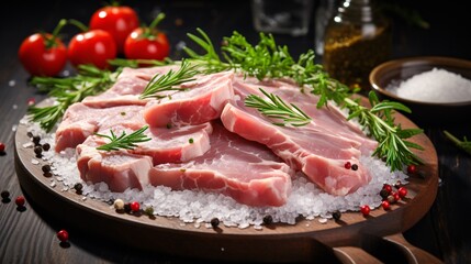 Freshly cut raw pork shoulder with a sprinkle of black pepper and herbs