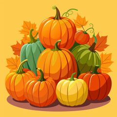 A cheerful illustration featuring a stack of pumpkins against a warm, autumnal backdrop, perfect for seasonal designs, fall-themed projects, or adding a touch of harvest cheer to your work.