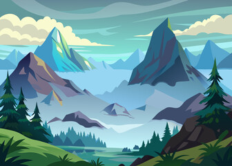 A breathtaking illustration of a mountain range shrouded in mist, with lush greenery and a serene lake in the foreground. Perfect for evoking a sense of peace and tranquility in your designs.