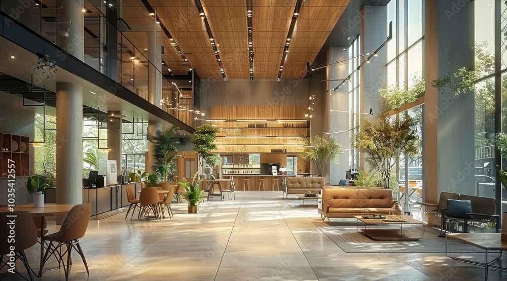 Poster a co-working space with high ceiling and modern look and feel.