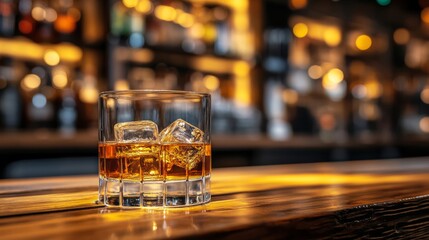 Glass of Whiskey with Ice on Bar Counter Warm Atmospheric Background of a Bar, Focus on Foreground