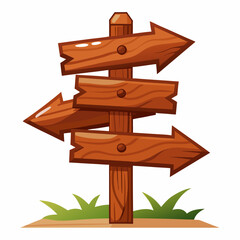 A cartoon illustration of a wooden signpost with three arrows pointing in different directions.  The signpost is set against a white background and features grass and dirt at its base.