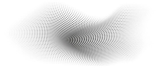 Flowing Wave Dot Halftone Pattern: Curve Gradient Shape on Transparent Background. Suitable for AI, Tech, Network, Digital, Science, and Technology Themes.