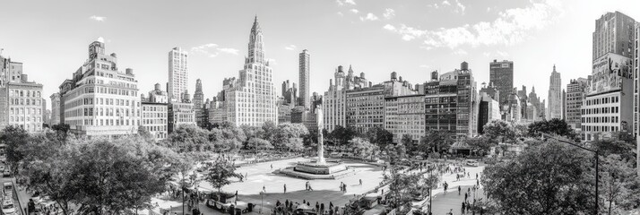 Union Square New York City. Downtown Landmark in Manhattan with Broadway Skyline