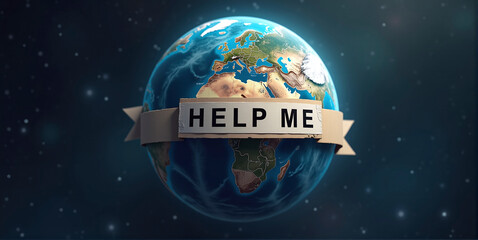 Fototapeta premium Planet earth with the inscription or word help, participation in the fight against global warming, pollution and environmental destruction