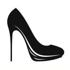 Obraz premium Black minimalist silhouette of a high-heeled women’s shoe on a white background, perfect for fashion or style-related designs.