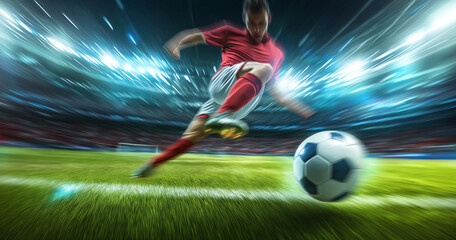 A soccer player in action kicking the ball with intensity in a brightly lit stadium during a fast-paced match, capturing the speed and energy of the sport