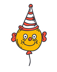 Cheerful clown balloon with a striped hat, drawn in cartoon style