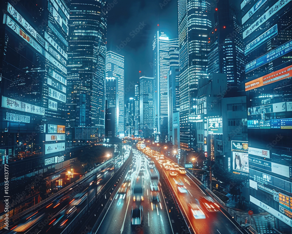 Poster a futuristic cityscape with skyscrapers consisting of digital screens and billboards displaying vari