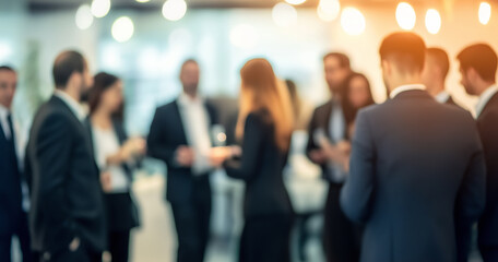 A professional business networking event with blurred figures of people in business attire, engaged in conversation in a modern, well-lit environment