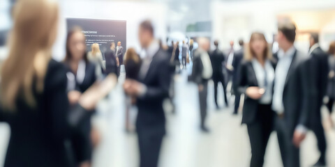Business professionals networking at a corporate event, engaged in conversations with a blurred background highlighting the dynamic, collaborative environment of the event