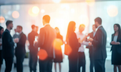 A vibrant networking event with business professionals engaging in conversation, blurred figures creating a sense of motion and activity