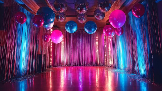 The venue is adorned with balloons and disco balls creating a nostalgic atmosphere of an adult theme