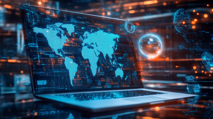 Concept of communication technology advancement featuring a computer desktop and laptop displaying a digital futuristic world map alongside various technology icons.




