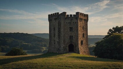 A charming archer tower framed by rolling hills creates a picturesque landscape