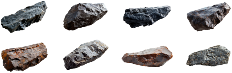 Collection of natural stones displaying diverse textures and colors. Set of png on transparent background