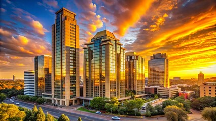Fototapeta premium Golden Sunset Over Modern Architecture in Sandton Johannesburg