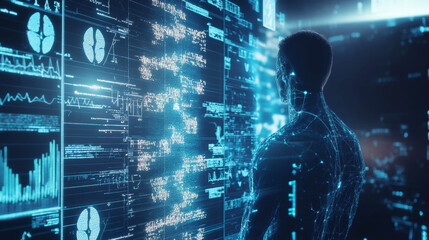 Fototapeta premium Concept of medical healthcare technology illustrated with a graphic depicting a medical lab element alongside a man receiving a diagnosis.