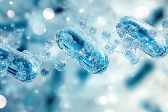 Blue capsules link together with molecular chains, showcasing the blend of biotechnology and scientific advancement
