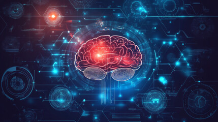 Fototapeta premium Concept of medical technology advancement, featuring a graphic of a brain integrated with a medical technology interface.