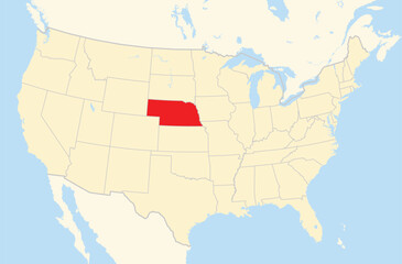 Symbol Map of the State Nebraska (United States of America) showing the Contiguous United States with the highlighted state