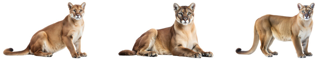 Obraz premium Mountain lion trio resting in various poses indoors. Set of png on transparent background