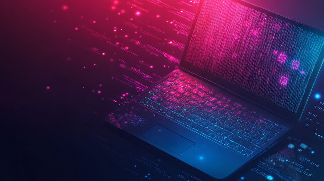 Concept of programming script development illustrated with a graphic of a laptop displaying binary code and digital elements.



