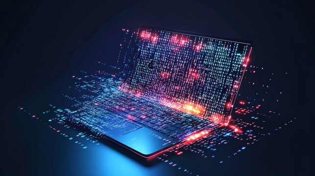 Concept of programming script development illustrated with a graphic of a laptop displaying binary code and digital elements.



