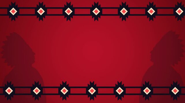 Animation of a Native American tribe with elements of a Tribal Chief with unique motifs moving at the top and bottom, and a red background