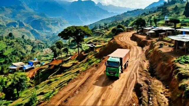 China in Africa - aerial view of Chinese construction truck driving through mountain village near Arba Minch in South Ethiopia