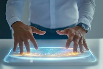 close-up photo of businessman hands touching digital hologram table screen with futuristic interface 