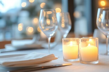 White stone table with blurred candlelit dinner in the background, adding a cozy and romantic mood 